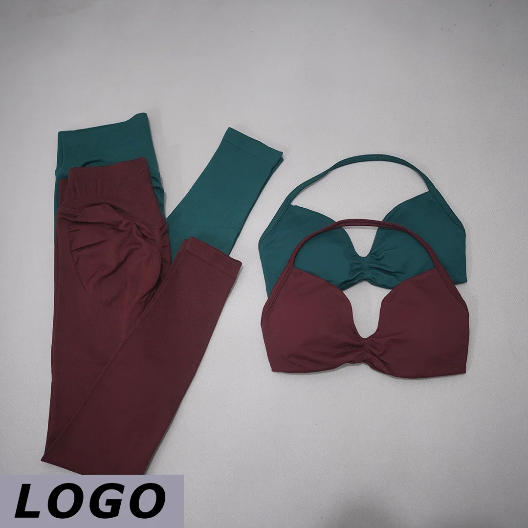 DF-LOGO Seamless Knit 2Pcs Yoga Outfit Sports Bra Crop Top High Waist Slim Leggings Breathable Gym Cycling Running Training Set