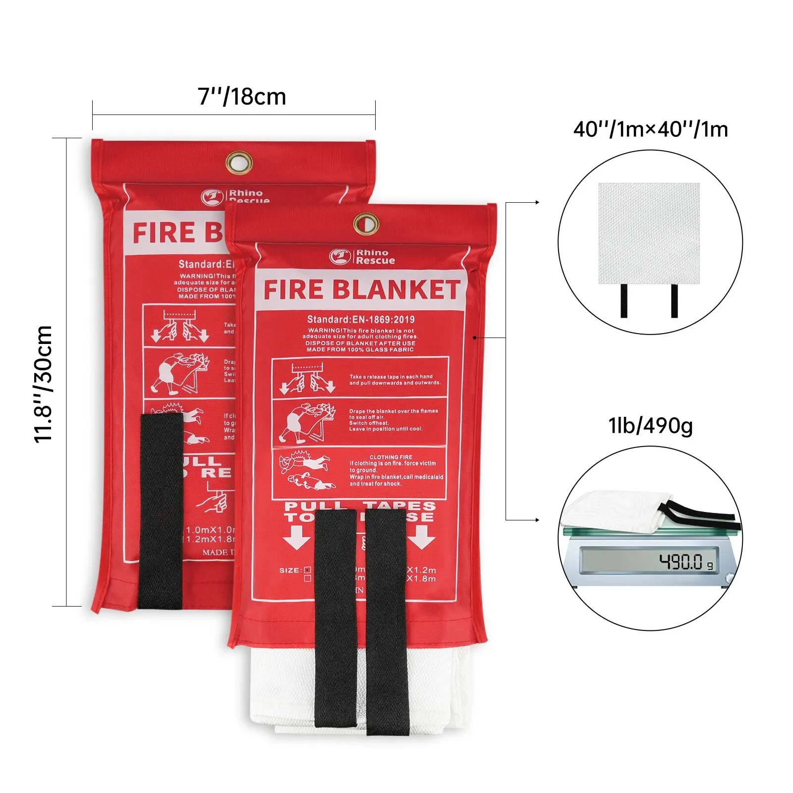 RHINO RESCUE Fire Blanket, 40\'\'×40\'\' Fiberglass Emergency Fireproof Gear, Flame Retardant Protection for Home, Kitchen