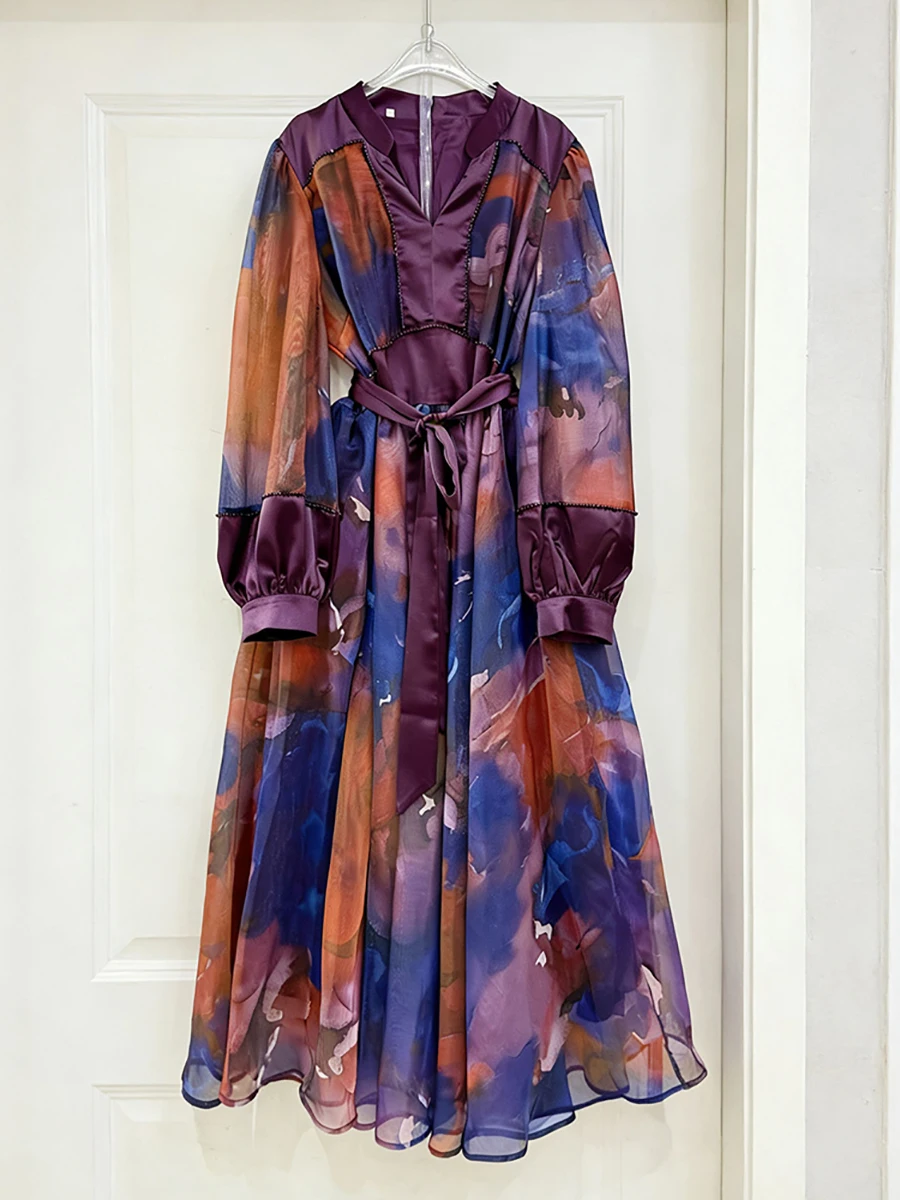 Vgh colorblock impressão malha drapeado vestidos para mulher com decote em v lanterna manga emendado rendas até elegante vintage midi vestido feminino