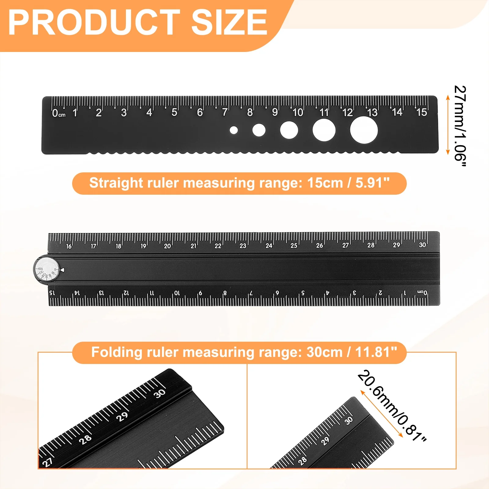 1Set Folding and Straight Ruler Kit 30/15cm Metric Aluminum Alloy Protractor Foldable Angle Wave Edge Ruler with Hollow Circle