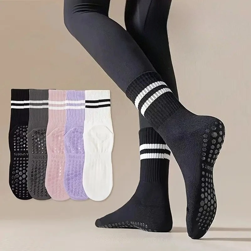 

1 пара носков для йоги средней длины с двойными полосками, противоскользящие, дышащие, для танцев, спорта, фитнеса, пилатеса, хлопковые