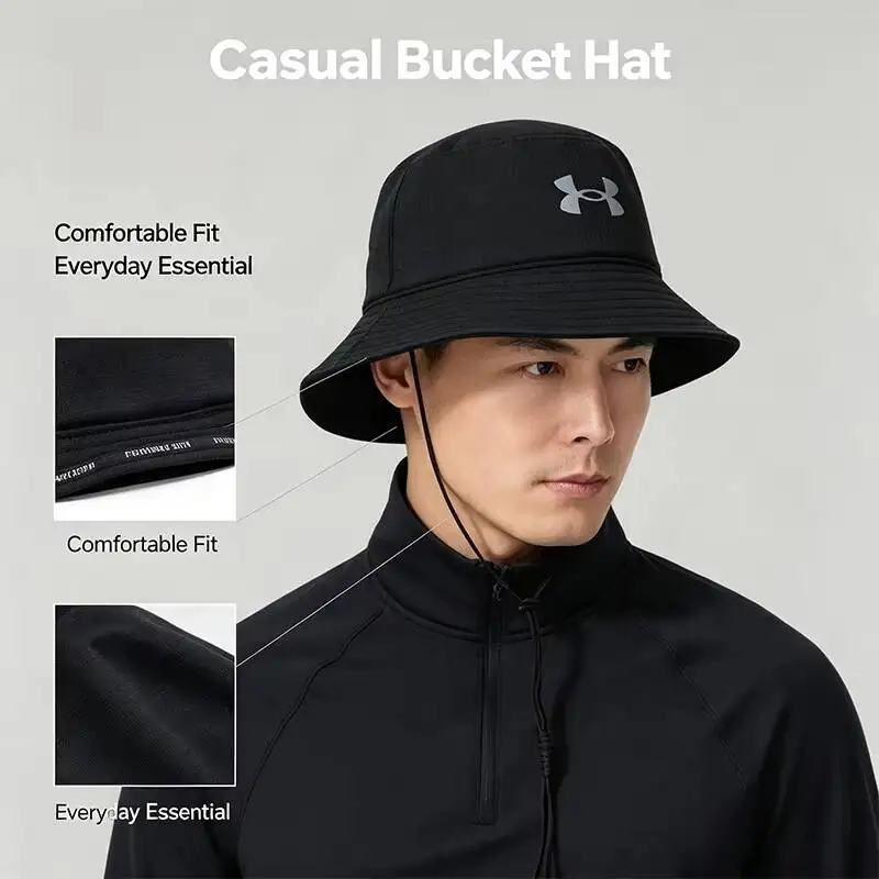 New Under New Armour Black Bucket Hat Wide Brim Soft Cotton Sun Protection Hat for Everyday Outdoor Casual Streetwear