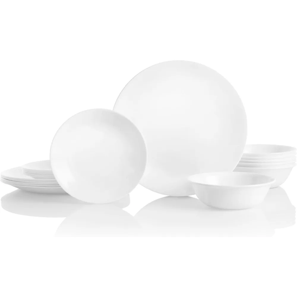 18-Piece Service for 6 Dinnerware Set,  Glass and Chip Resistant, Lightweight Round Plates and Bowls Set, Winter Frost White