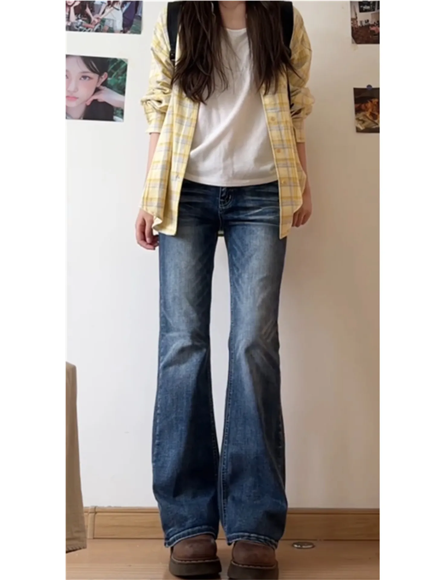 

Retro Low Waist Bell Bottom Jeans Women's Slimming Washed Straight Leg Pants Spring Fashion Cotton Stretch Denim