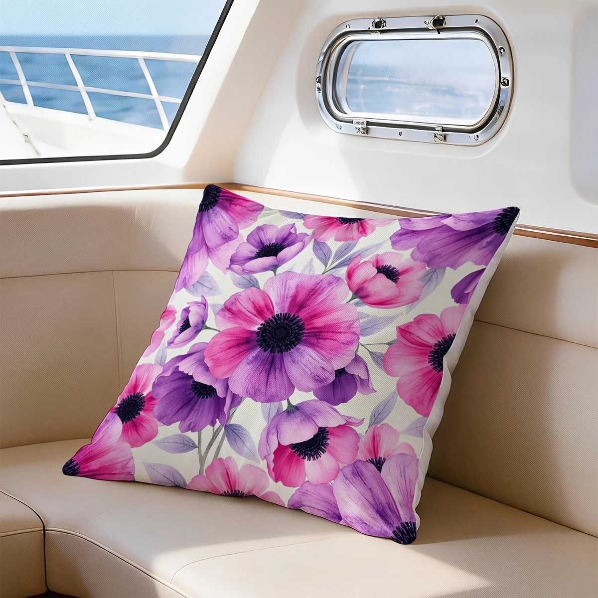 1pc 2D Flat Pillow Not Included Purple Pink Anemone Flower Cushion Cover Short Plush Garden Party Decor Gift Case