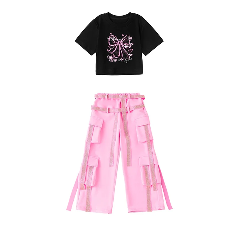 Meninas jazz dança desempenho roupas preto colheita topos rosa calças de carga linha cristal kpop street wear passarela concerto outfit 15960