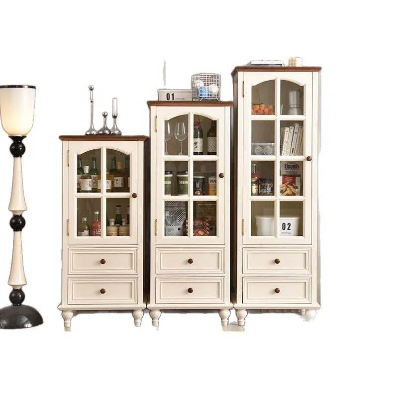 

Solid wood wine cabinet Cream style dining side cabinet Transparent single door glass wine cabinet American light luxury