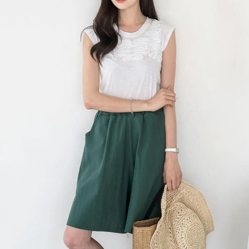 

Wide Leg Pants Women Wide Leg Shorts Stylish Women's Mid-rise Elastic Waistband Wide Leg Shorts with Pockets for Casual Travel