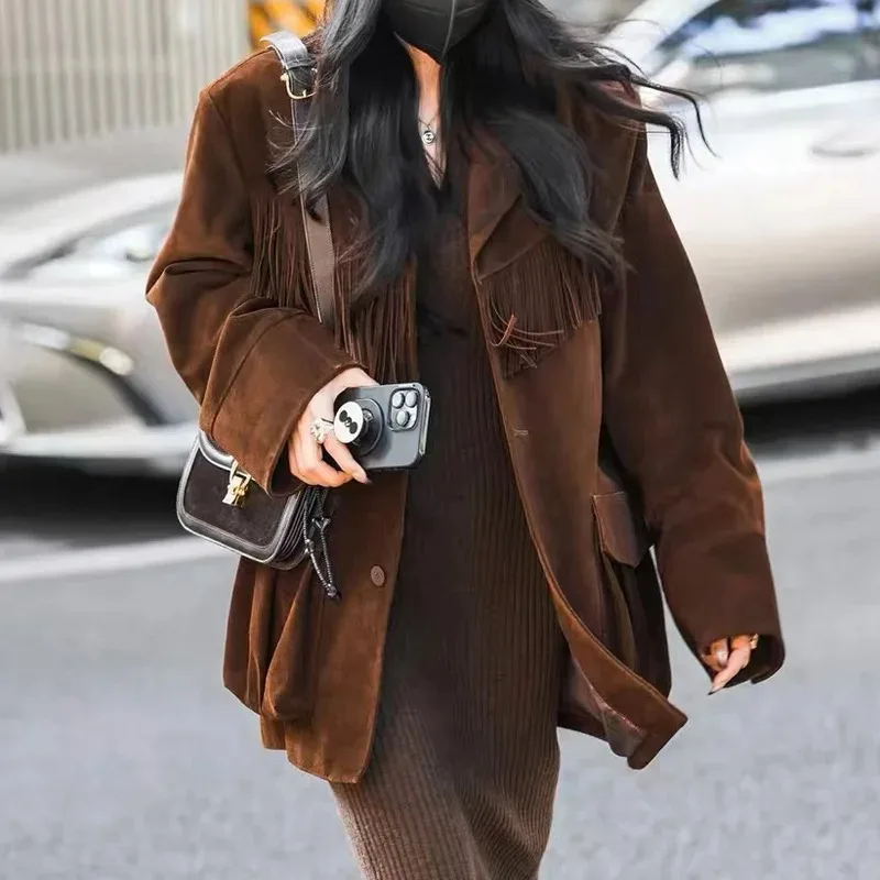 

2024 Winter New Sheepskin Suede Jacket Maillard Fashionable Suit E63