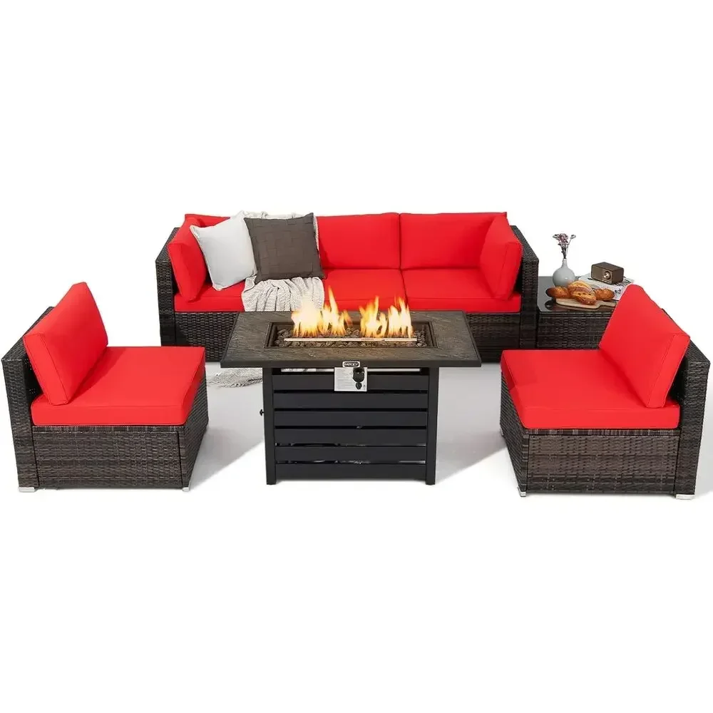 7-Piece Outdoor Patio Furniture Set with 42 Propane Fire Pit Table and Wicker Sectional with Cushions and Tempered Glass Coffee