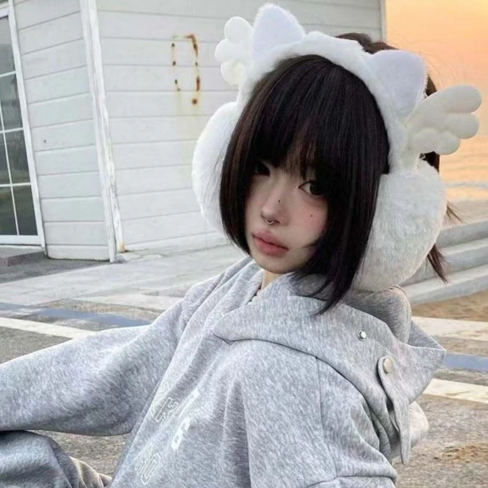 Paraorecchie con ali d'angelo di Halloween Peluche estetico Sottocultura calda Guanto carino Dolce ragazza Y2k Copri orecchie per accessori invernali da donna