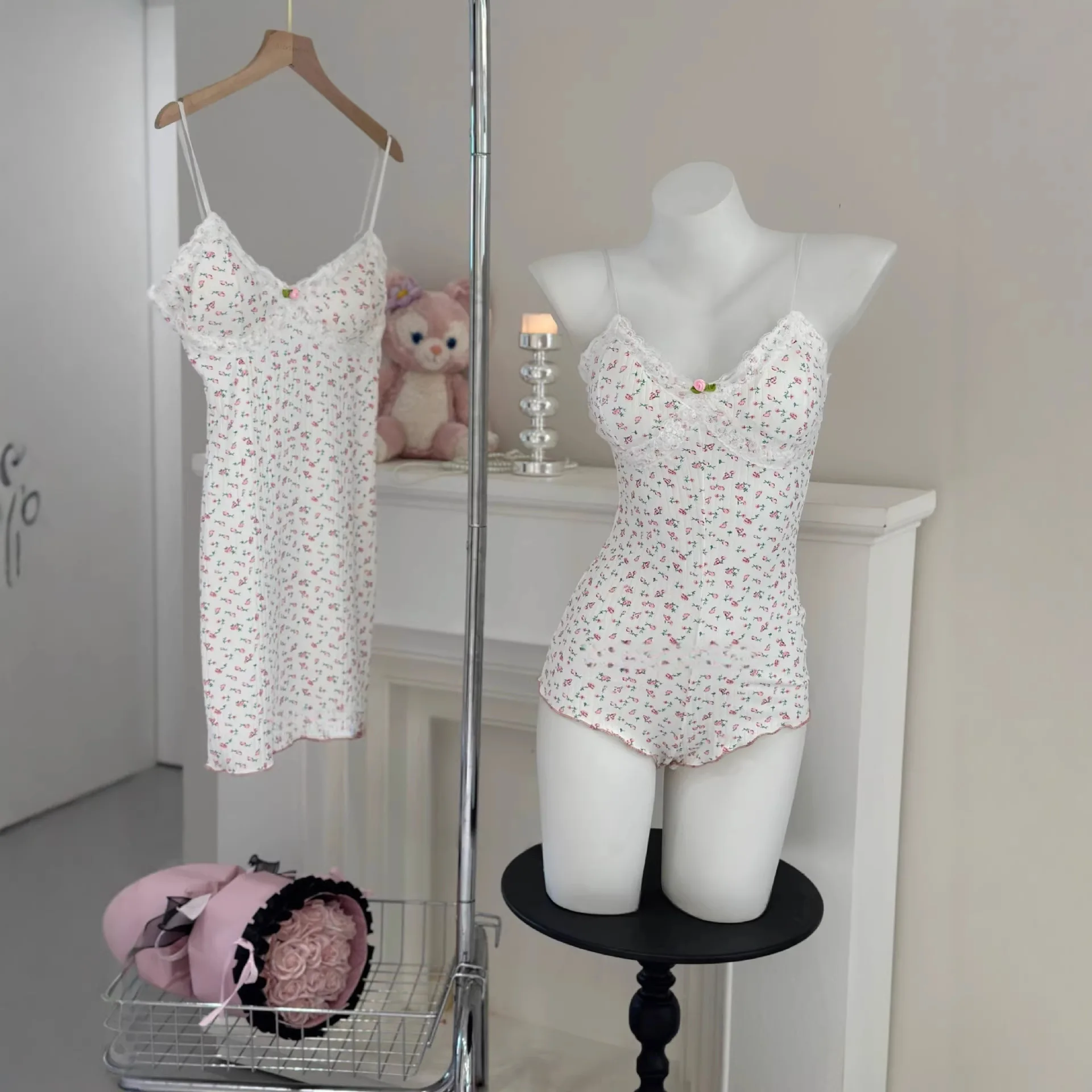 Sweet French Girly Floral Jumpsuit with Breast Pads Pure Lust Lace Home Wear