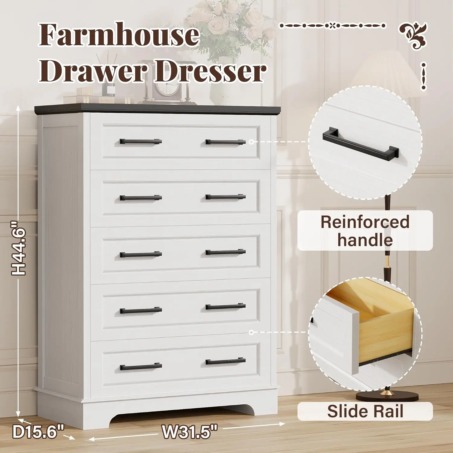 Farmhouse Dresser for Bedroom, 5 Drawers Dresser, Wood Chest of Drawers, 52" Wide Storage Dressers Organizer for Bedroom, Living