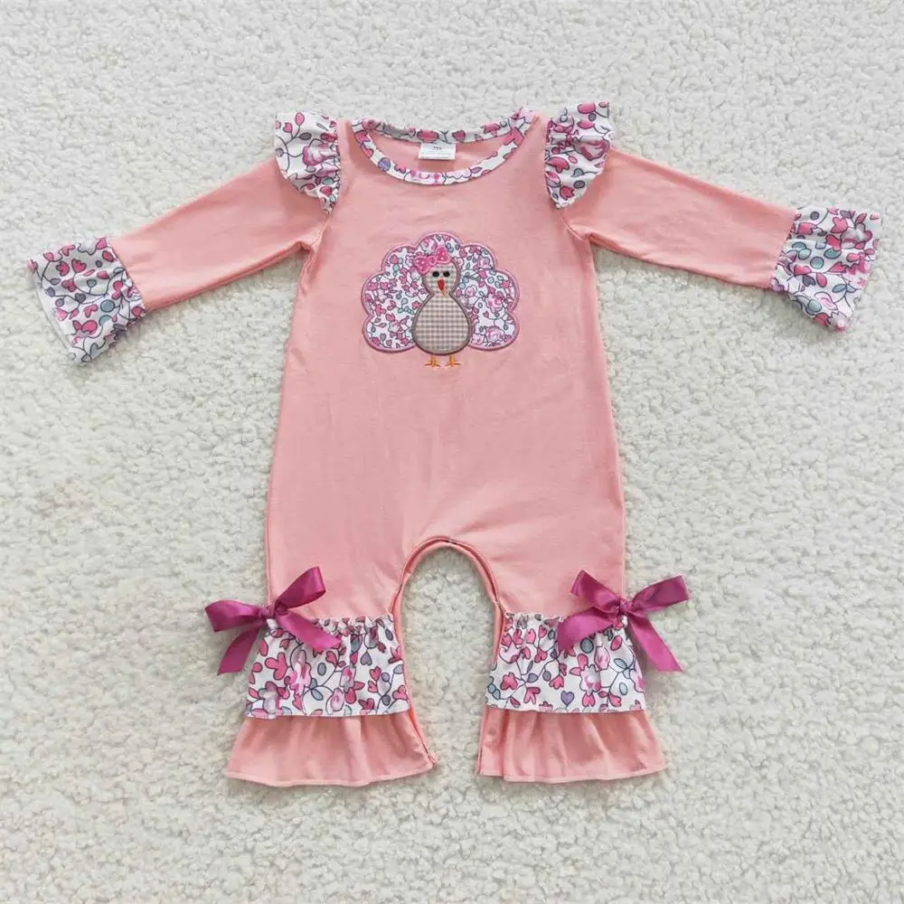 Wholesale Newborn Baby Girl Long Sleeves Toddler turkey Floral Embroidery  Jumpsuit Children One-piece Kids Thanksgiving Romper