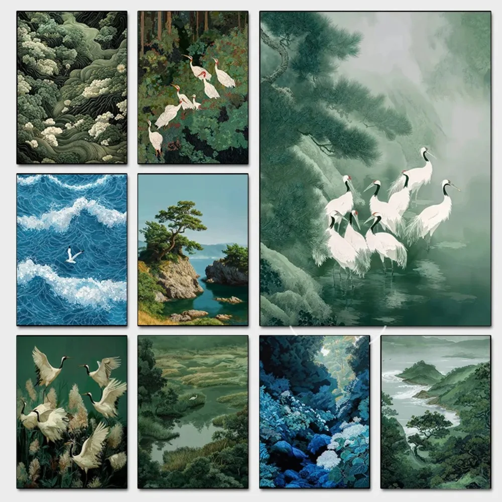Japanese Green Forest White Cranes & Bird Canvas Wall Art Poster, Unframed Retro Canvas Painting Wall Art for Living Room Decor
