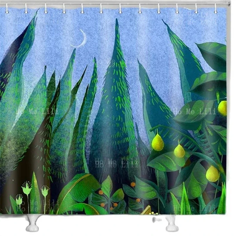 Pine Forest Shower Curtain Green Plants Blue Night Sky Moon Mystery Wonderland Modern Abstract Art Bathroom Decor With Hooks