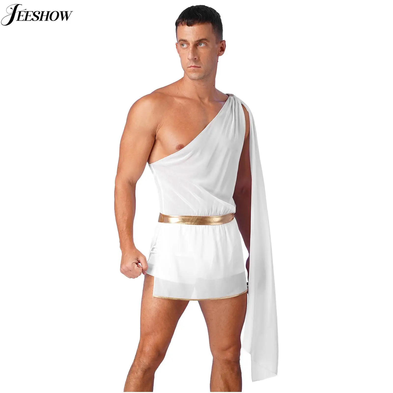 Mens Ancient Greek Toga Costume Chiffon Flowy Cape One Shoulder Slit Skirted Bodysuit Roman Emperor Cosplay Tunic Fancy Dress