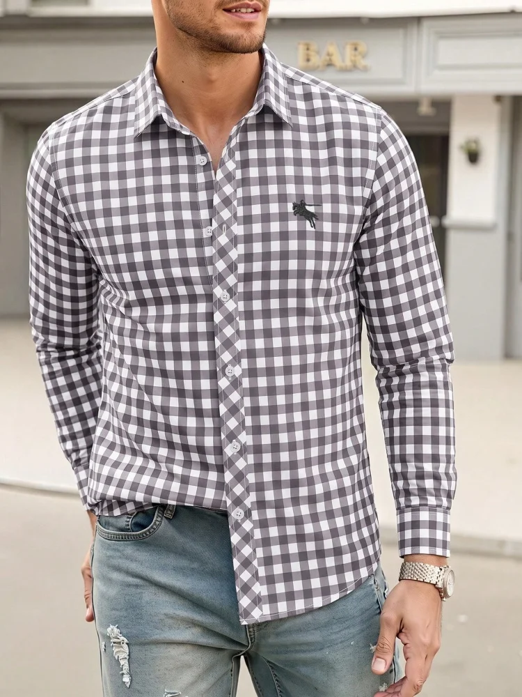 Men's small checkered long sleeved shirt with embroidered little horse collar on the chest, casual versatile top for daily wear