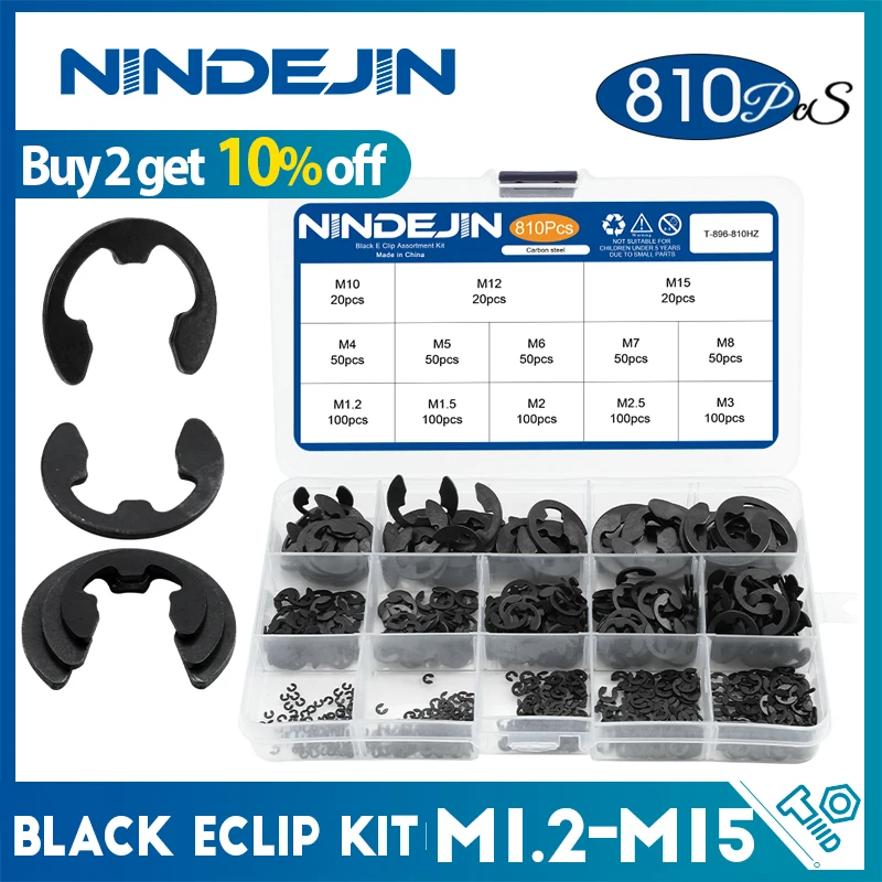 

NINDEJIN E Clip Set 395pcs 810pcs M1.2-M15 Black Carbon Steel E-clip Assortment Kit External Retaining Clips Circlip Washer