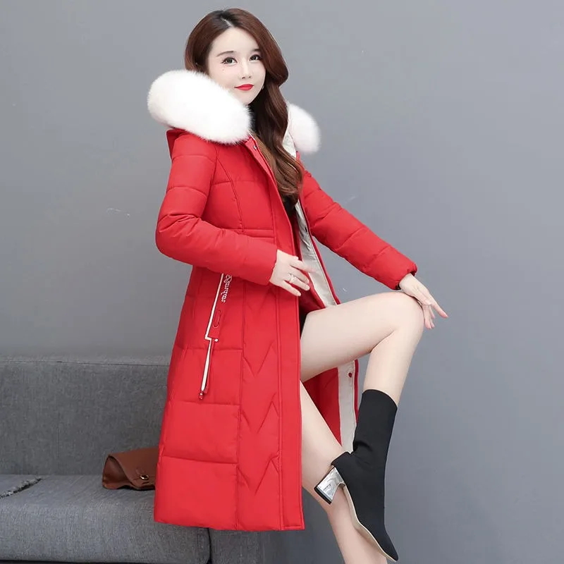 2023 New Women Down Cotton Coat Winter Jacket Mid Length Version Parkas Thick Warm Versatile Outwear Hooded Fur Collar Overcoat