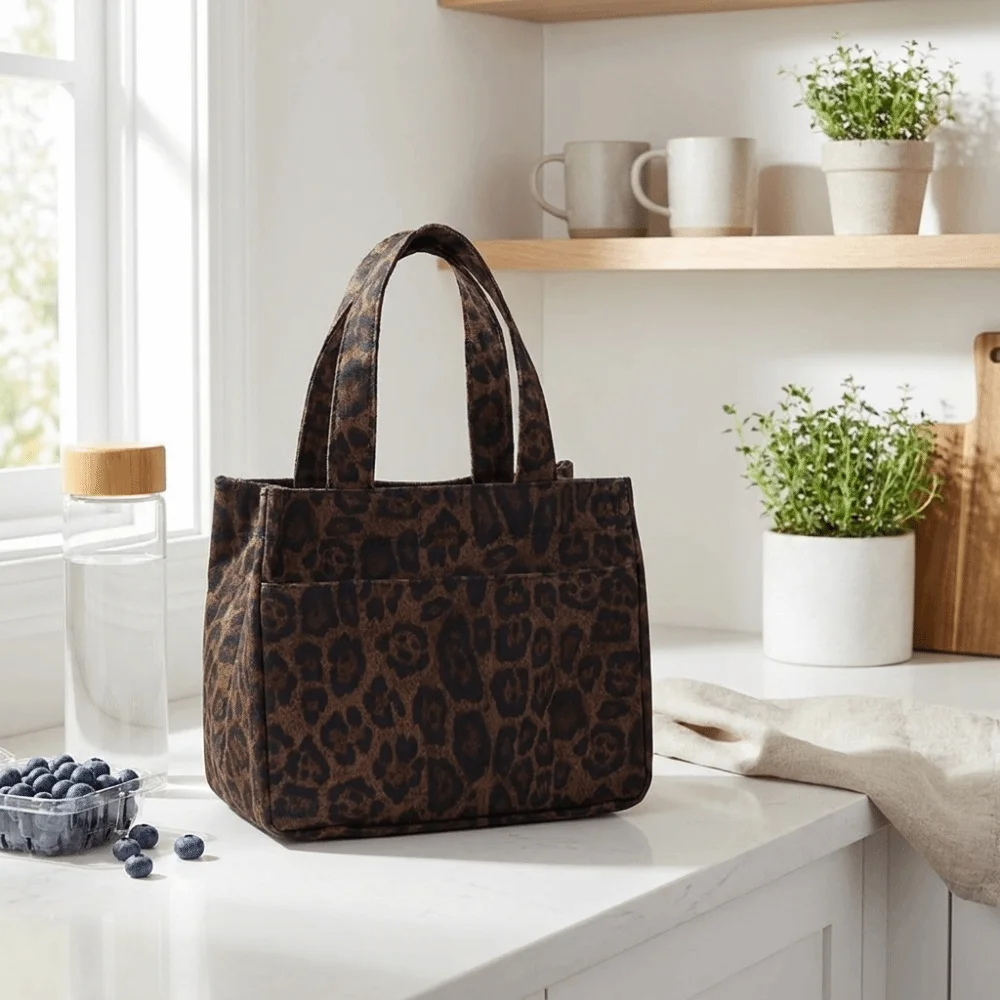 New Leopard Print Leopard Print Lunch Bag Canvas Multi Pocket Lunch Handbag Large Capacity Lightweight Tote Bag Office
