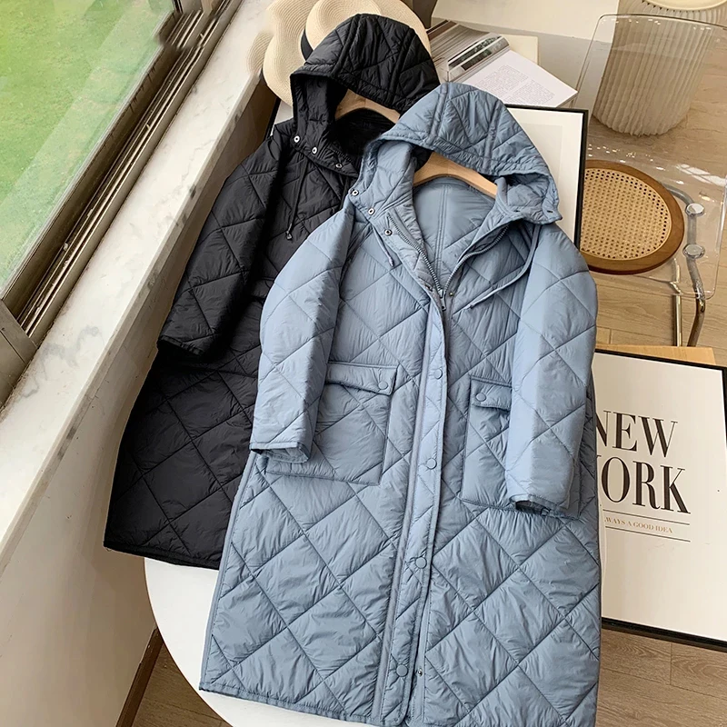 2024 New Autumn Winter Woman Blue Parka Female Casual Mid-length Long Sleeves Jacket Oversize Long Hooded Coat Solid Outerwear