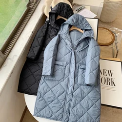 2024 Nieuwe Herfst Winter Vrouw Blauwe Parka Vrouwelijke Casual Halflange Lange Lange Mouwen Jas Oversized Lange Capuchon Effen Bovenkleding