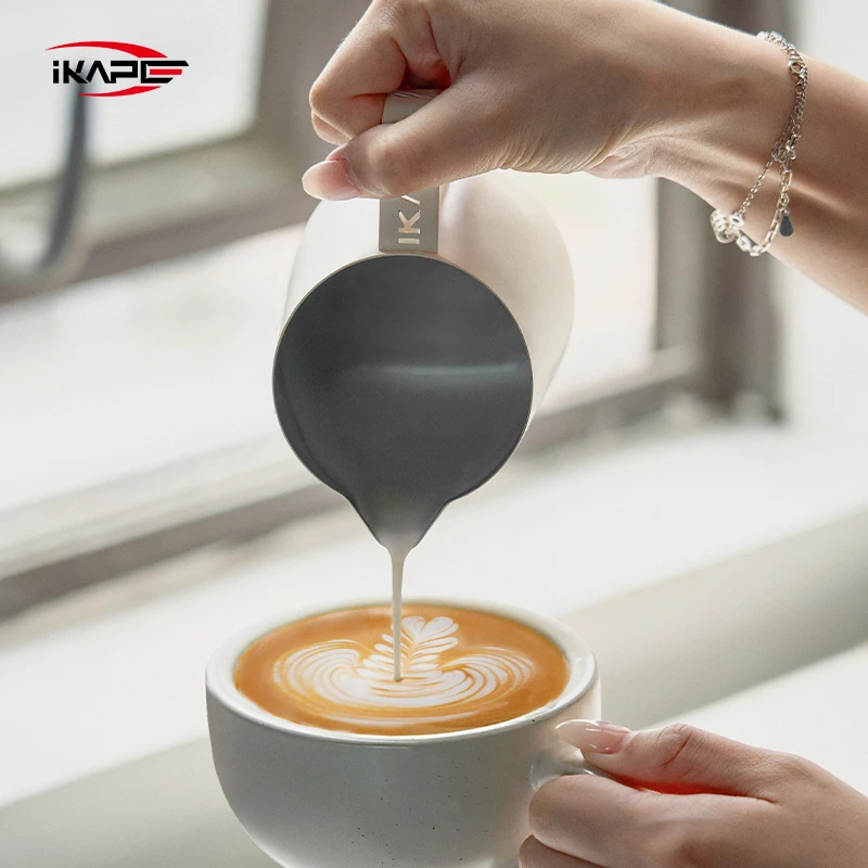 IKAPE 450ml Espresso Milk Latte Art Pitcher Hollow-out Handle,Milk Frothing Pitcher/Jug With Measuring Scale/Graduated