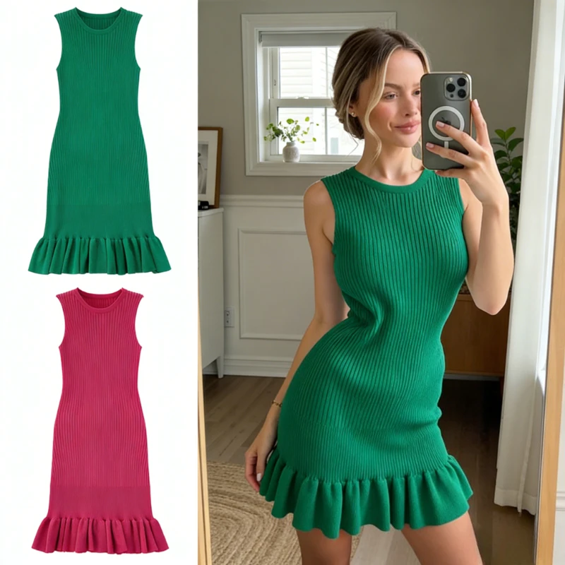 Ärmelloses Strick-Minikleid für Damen, geripptes Meerjungfrauenkleid mit Rüschensaum, figurbetontes kurzes Kleid, lässiges Sommerkleid für den Alltag, Party, dehnbares Kleid