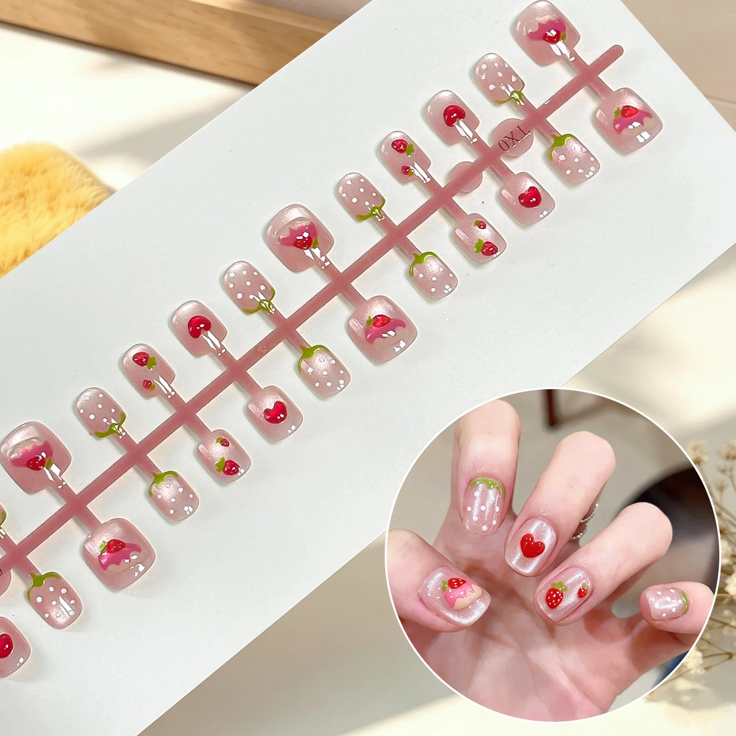 30 Stück niedliche kurze, runde Cat-Eye-Press-On-Nägel für Kinder, Kawaii-Kirsche, Zitrone, Erdbeere, künstliche Nägel, vollständige Abdeckung, künstliche Nägel für Kinder, D3^ – Detail 5