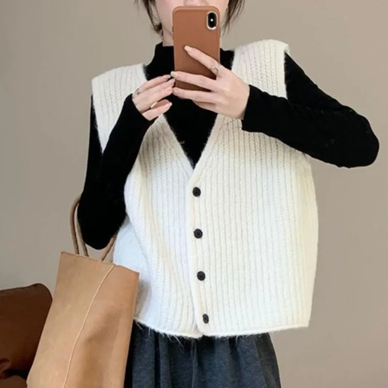 Korean Style Sweater Vest for Women Minimalist Single Breasted All-match Ins College V-neck Autumn Winter Chic Girls