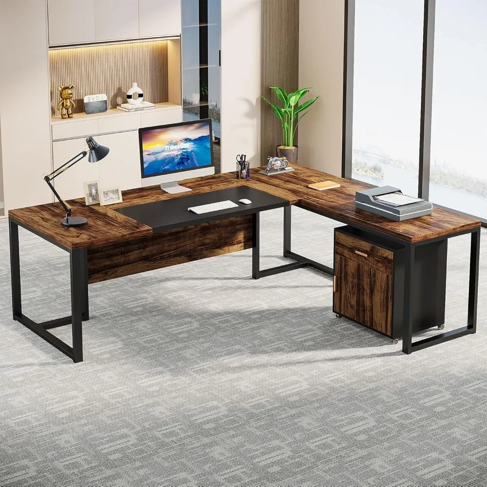 

70.8-Inch Executive Desk with File Cabinet, Large L Shaped Computer Desk with Storage Cabinet, L Shaped Desk with Drawer Cabinet