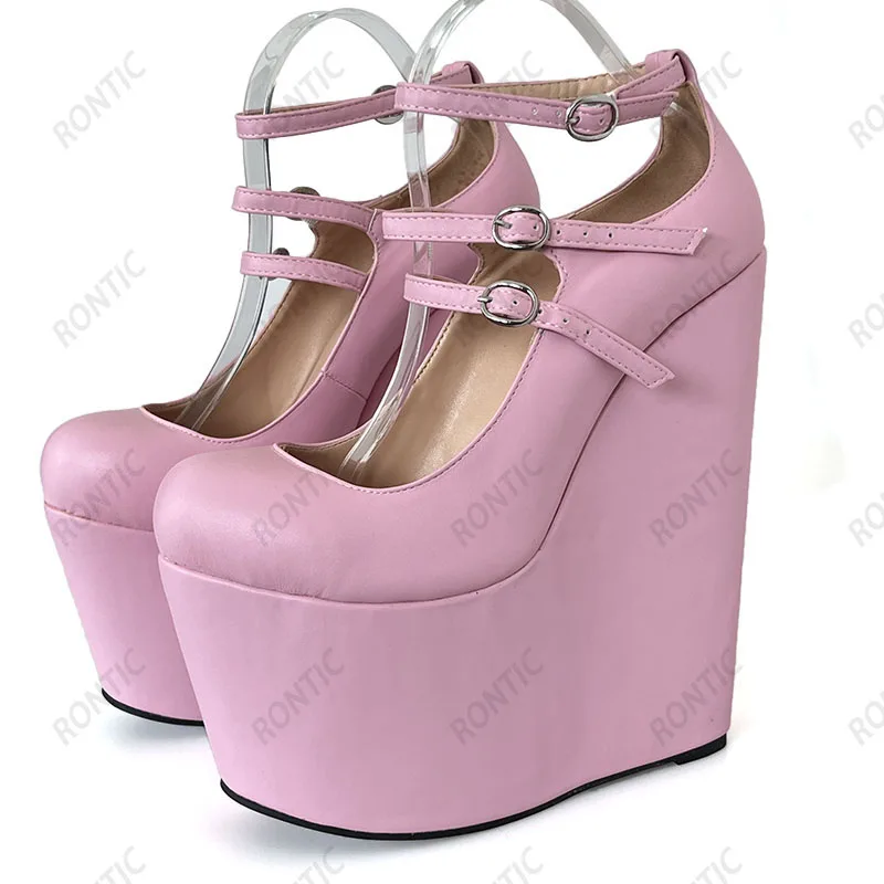 Rontic High Quality Women Platform Pumps Buckle Wedges High Heels Round Toe Pretty Pink Party Shoes Ladies US Plus Size 4-15