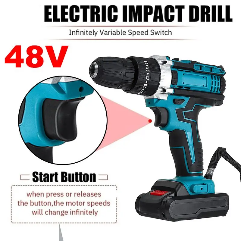 48V 25+3 Torque Cordless Impact Electric Drill Electric Screwdriver Drill Power Tools Wireless Power Driver Lithium-Ion Battery