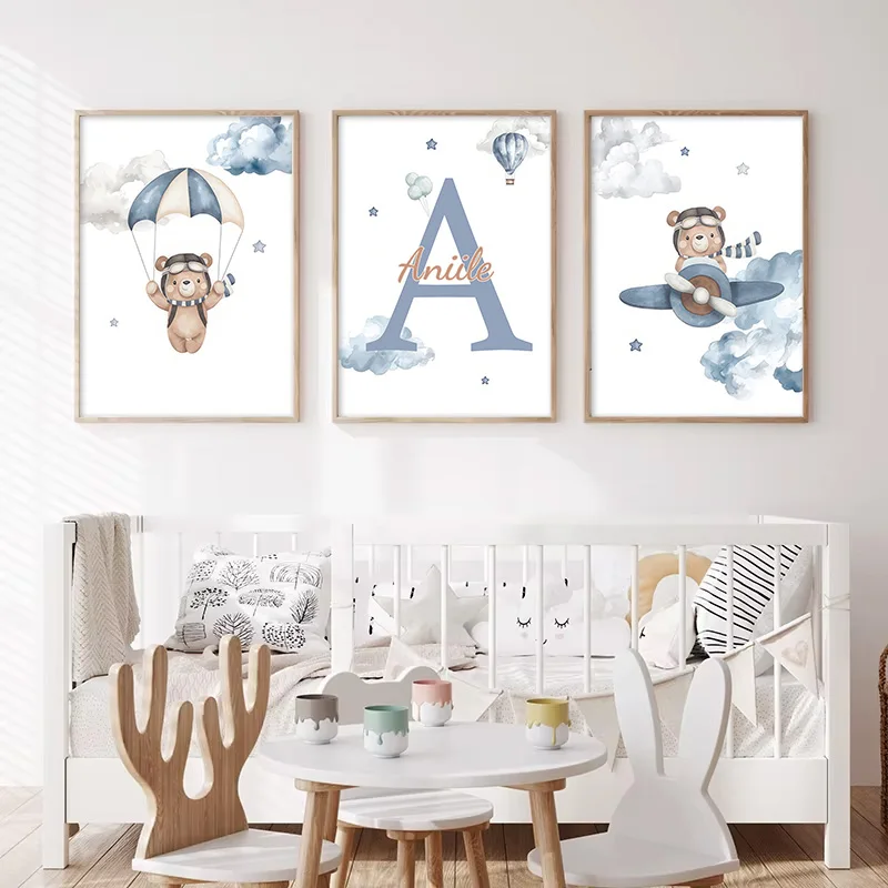 Customized Teddy Bear Nursery Wall Art Personalized Name Poster and Canvas Painting Cartoon Print Picture for Baby Bedroom Decor