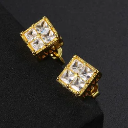 Simple Men's Earrings Square Shape Zircon Gold Color Piercing Ear Studs Cartilage Accessories Hip Hop Jewelry Wholesale OHE150