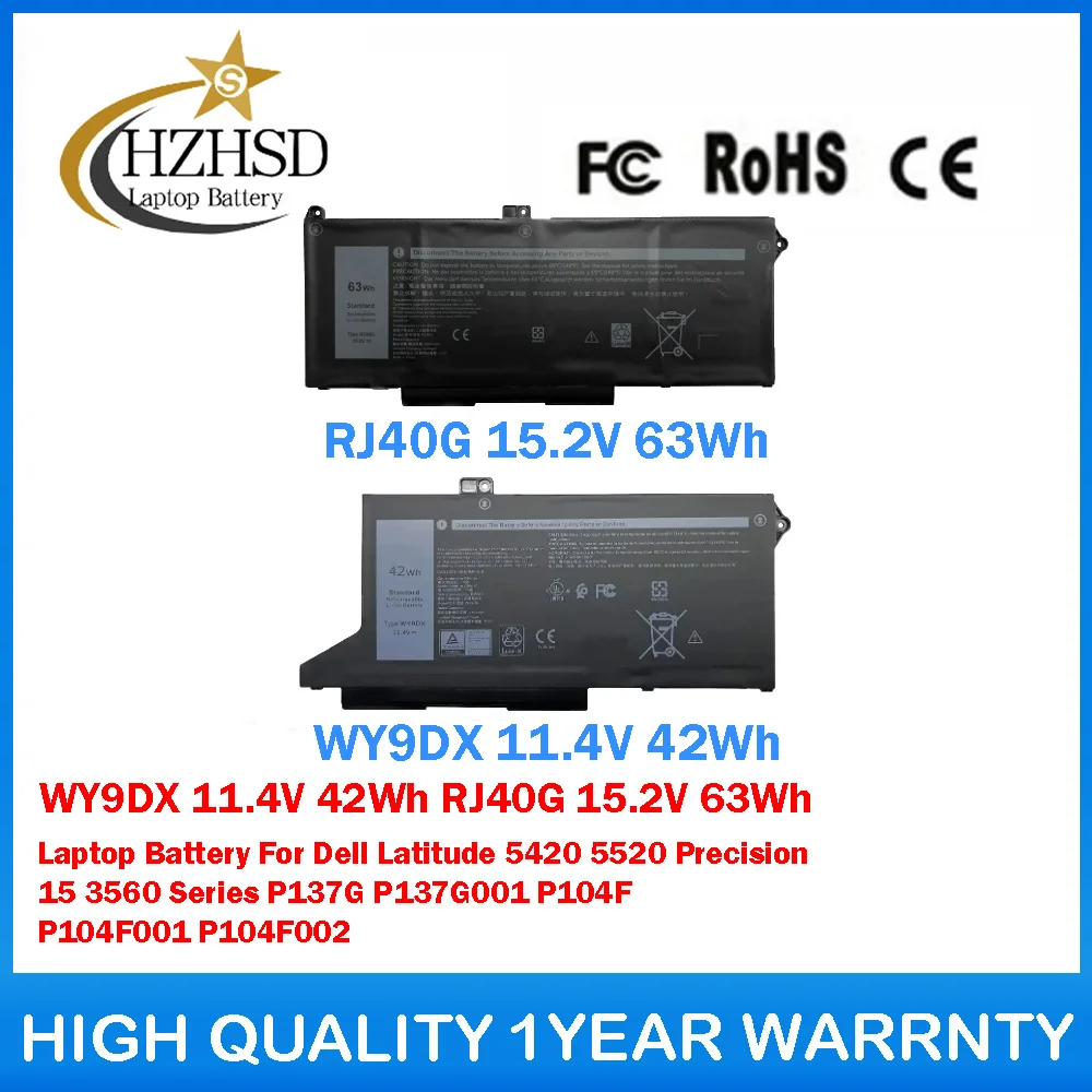 WY9DX 11,4 В 42 Втч RJ40G 15,2 В 63 Втч Аккумулятор для ноутбука Dell Latitude 5420 5520 Precision 15 3560 P137G P137G001 P104F P104F001