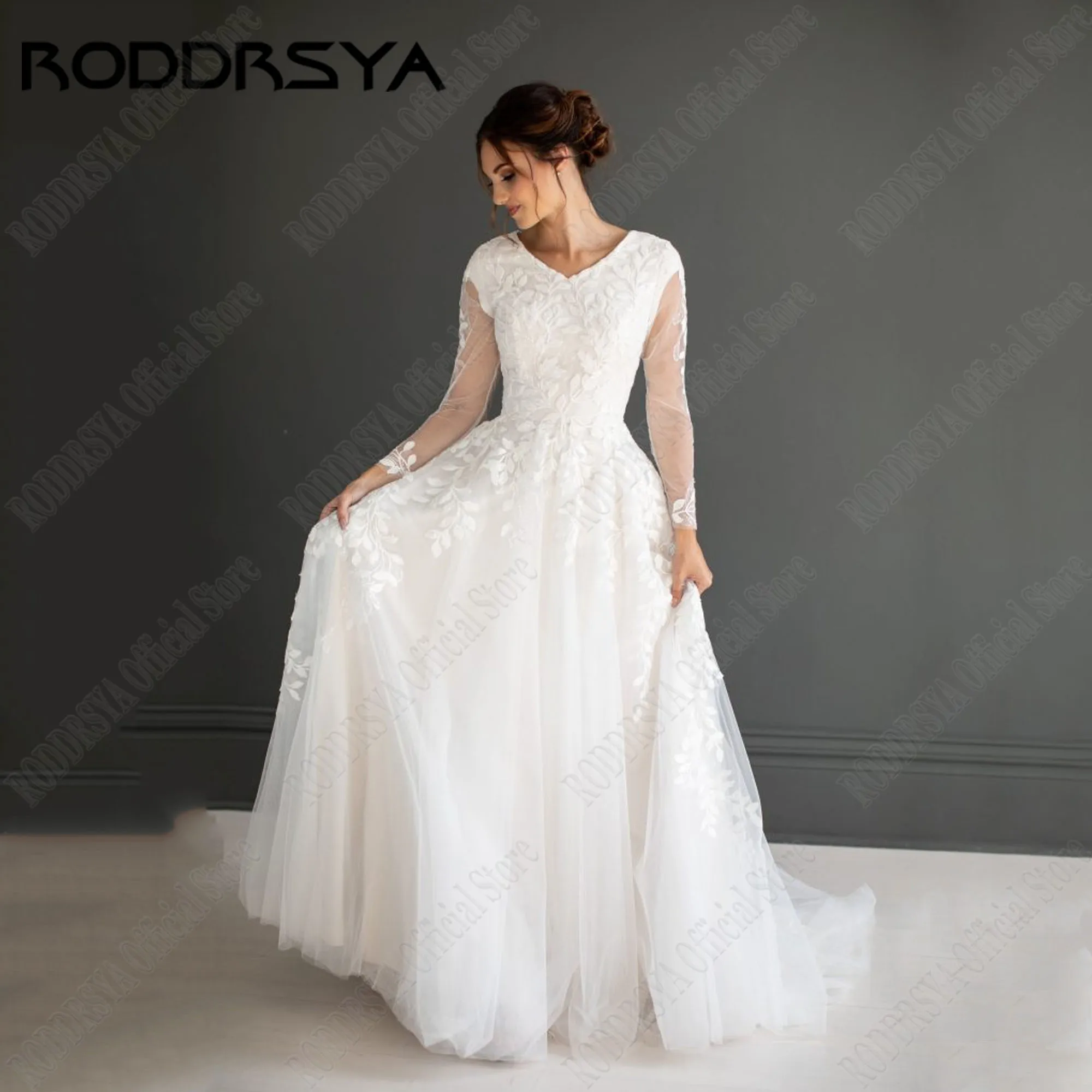 Roddrsya muslimische volle Ärmel Hochzeits kleid Applikation Spitze V-Ausschnitt Zivil Brautkleider Sweep Zug Vestido de Novia angepasstRODDRSYA Muslim Full Sleeve Brautkleid Applique Spitze V-Ausschnitt Zivil Brautkle – Detail 7