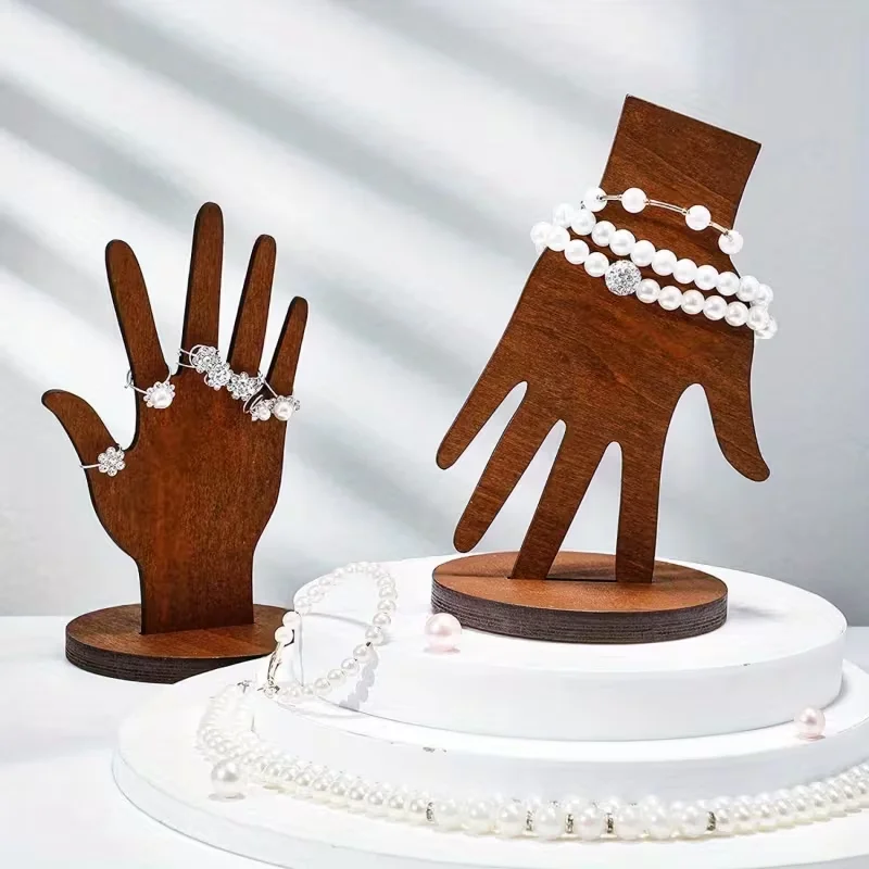 Conjunto de exibição de joias em forma de mão de madeira – design de 2 vias para pendurar na parede ou exibição de mão de dedo de manequim autônomo, cor marrom