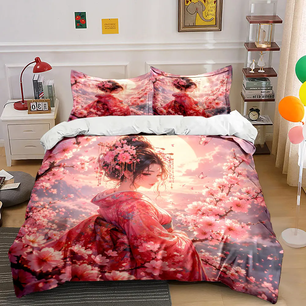 

Cherry Blossom Kimono-Clad Girl Print Soft Comfortable Duvet Cover Bedding Set Included 1*Duvet Cover 2*Pillowcases Luxury Gift