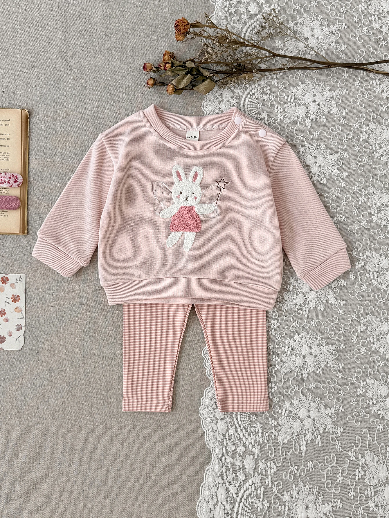 Spring Baby Girl Bunny Embroidery Sweatshirt Set Round Neck Shoulder Snap Top Gingham Pants Infant 2 Piece Outfit