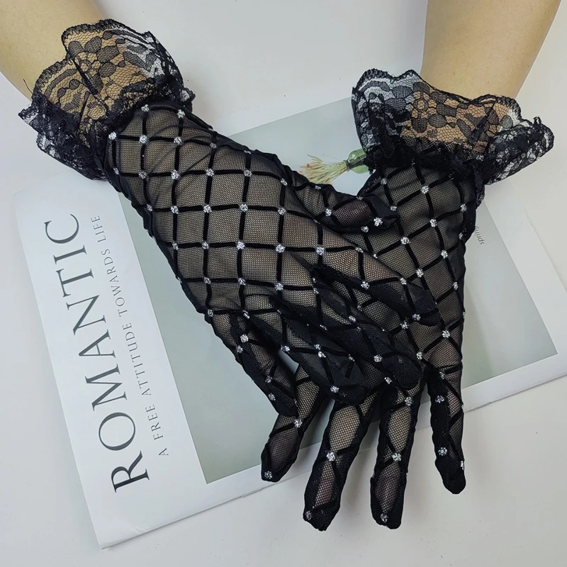 Sexy Kant Strass Handschoenen Halloween Zwart Mesh Elegante Korte Vrouwen Handschoenen Glanzende Diamanten Wanten Kostuum Voor Bruids