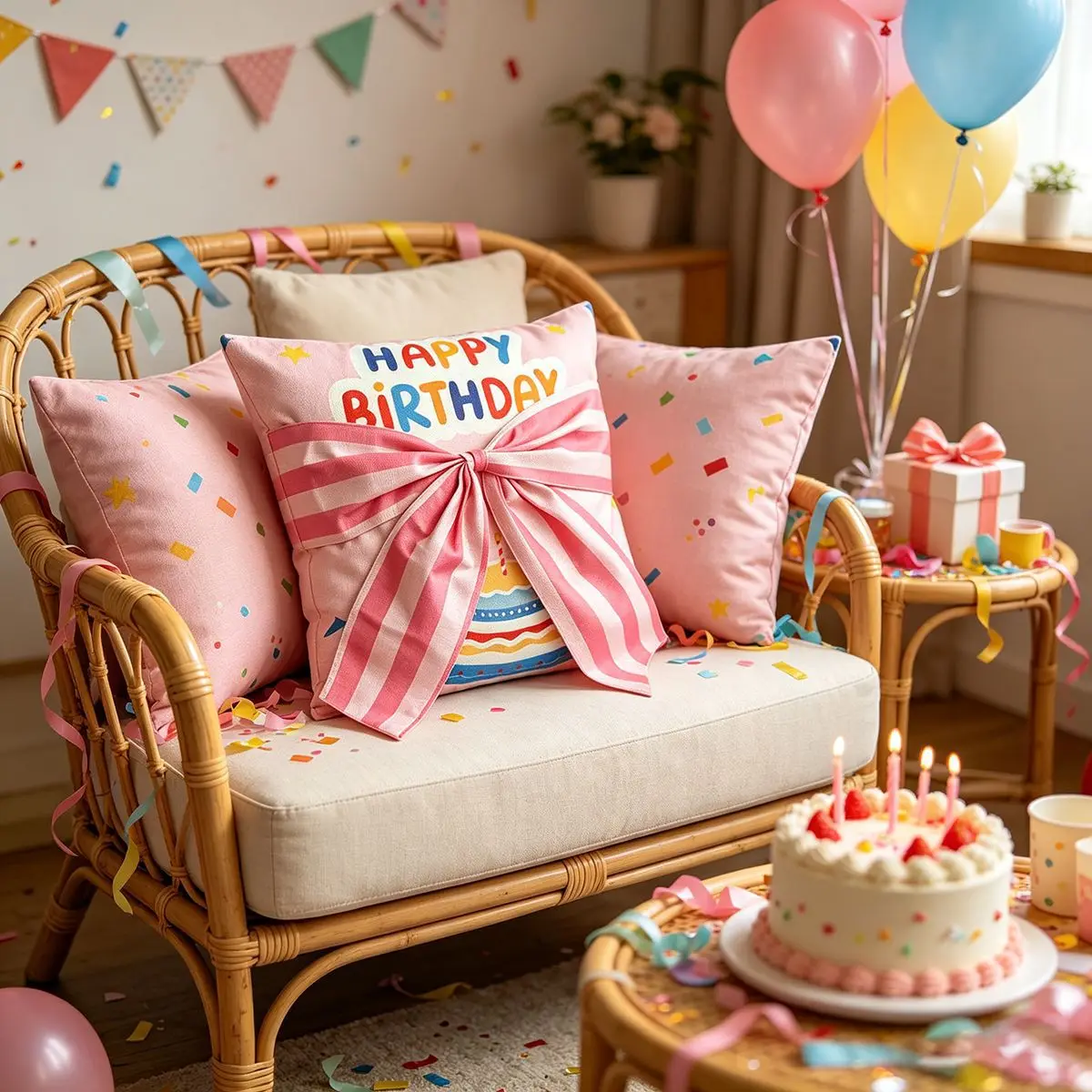 2 Stück Geburtstagsparty-Schleifenkissenbezug Cojines Happy Birthday Buchstaben-Druck Kopfteilkissenbezug Innensofa-Kissenbezüge 45x45 – Detail 5