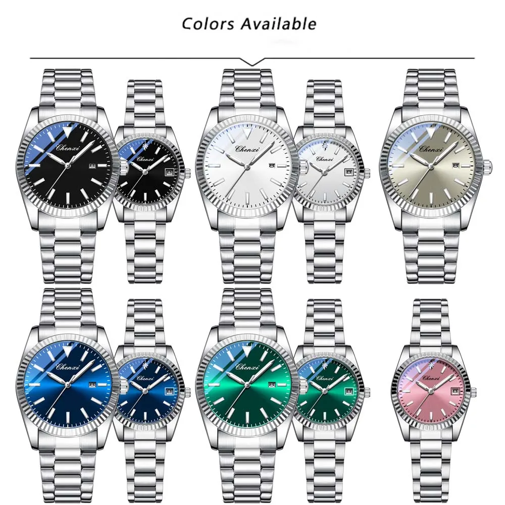 CHENXI Coppia Orologi Orologio al quarzo da uomo con data Cinturino in acciaio inossidabile Resistente all'acqua Stile business casual Regalo ideale per coppia