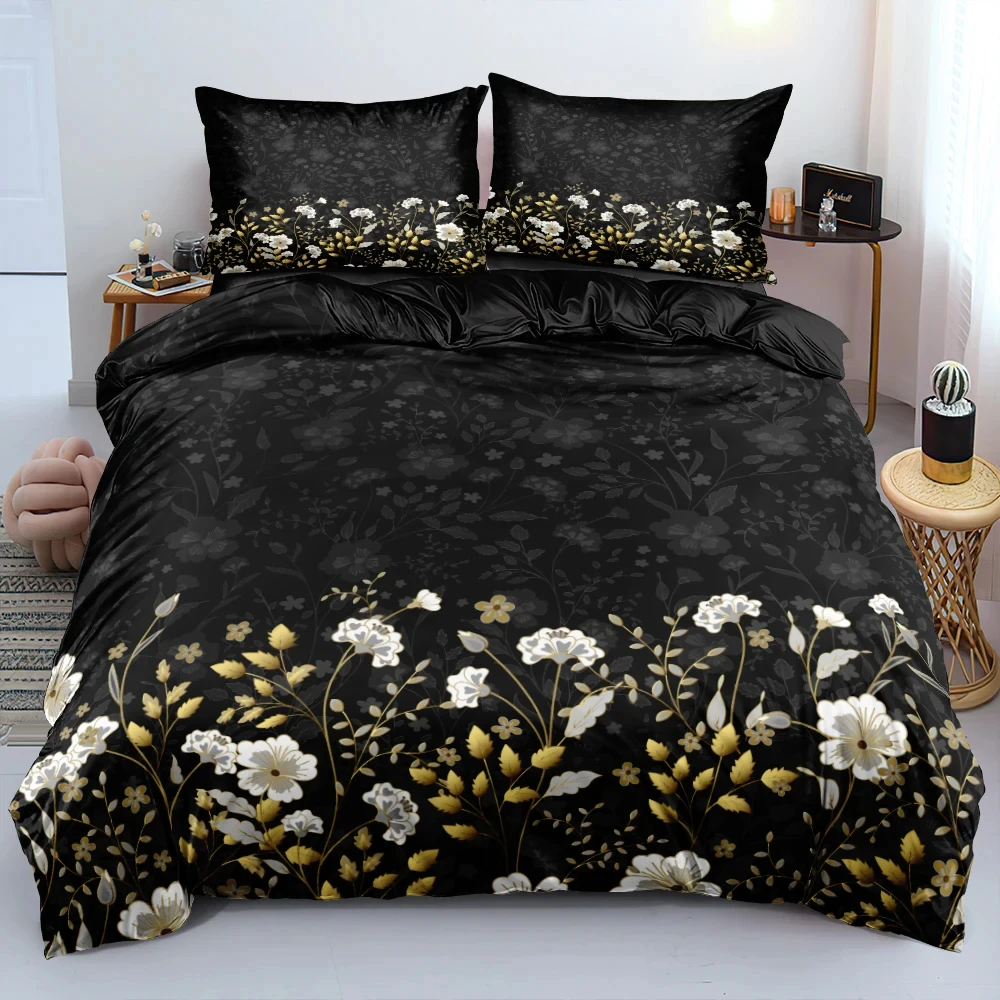 3D Print Gold Black Flowers Bedding Set Double Twin King Duvet Cover Comforter Pillowcase Boys Girls Adults Bedroom