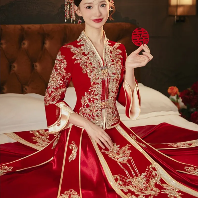 Bridal New Chinese Style Wedding Clothes Toast Dress Velvet Women