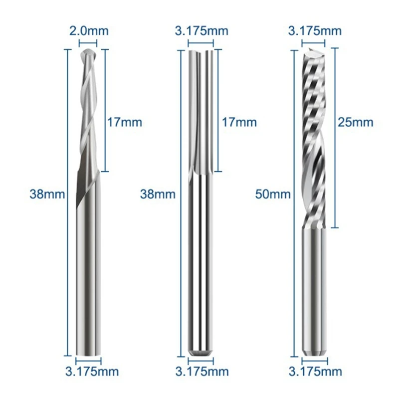 엔드 밀 조각 비트 세트, 목공 아크릴 절단용 CNC 라우터 비트, 3.175/2mm 생크 카바이드 밀링 커터, 15 개