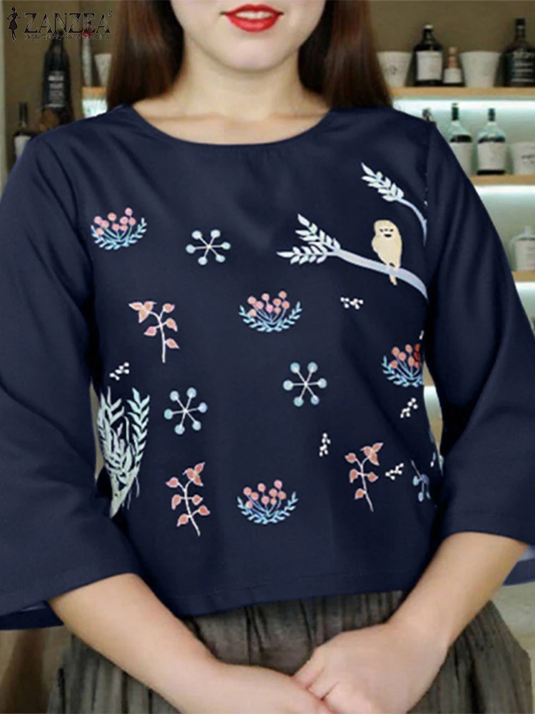 

ZANZEA Vintage Floral Tops 3/4 Sleeve Blouse 2025 Elegant Ladies Blusas Women Casual O Neck Pullovers Loose Flare Sleeve Tunic