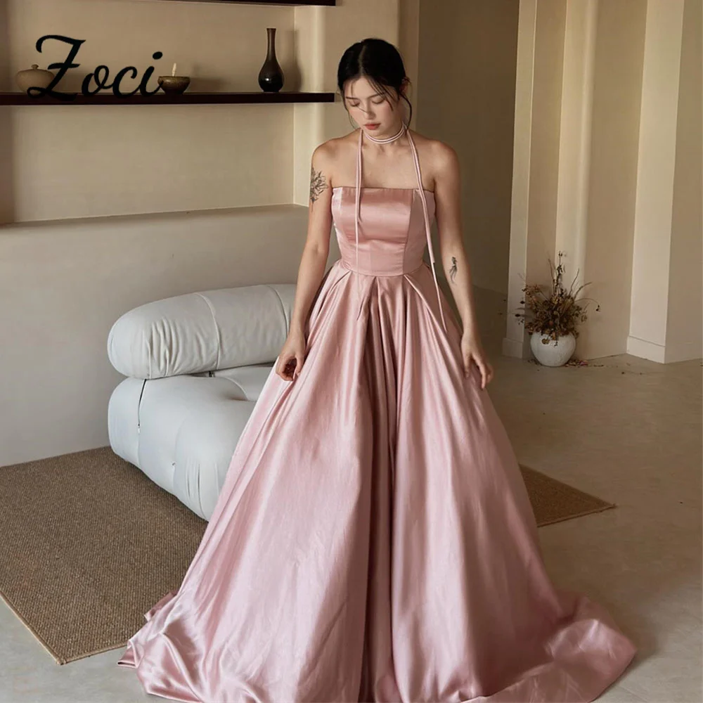 

Zoci Korea Pink Evening Dresses Strapless A-line Satin Wedding Reception Dresses Elegant Photo Shoot Gown for Bride Customized