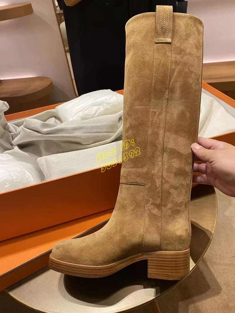 

Suede Block Heel Knee High Boots Round Toe Slip On Fashion 2026 Winter Autumn Women Dress Shoes Chunky Heel Brown Flock Handmade